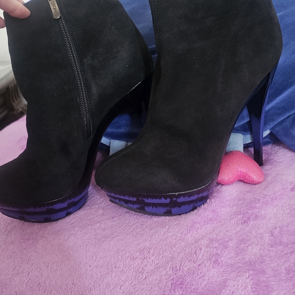 Black Suede Platform Ankle Boot with Blue Accent Heel
